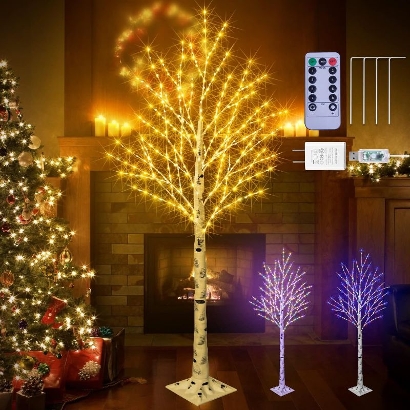 Photo 1 of 6Feet Birch Tree with Lights - 8 Modes Dimmable Fairy Lights with Remote 160 LEDs Warm White Wedding Festival Party Christmas Decorations for Home, Plug and Base Included 6FT Birch Tree