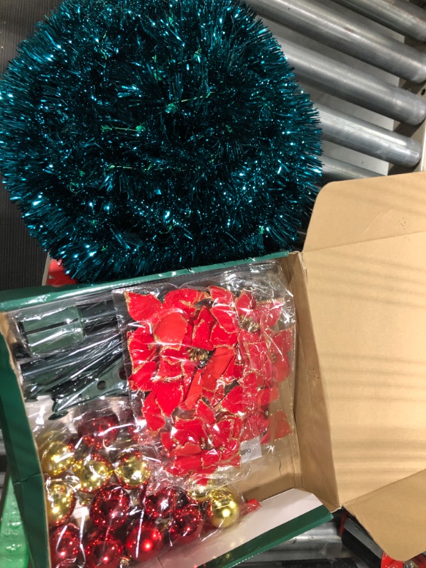 Photo 1 of 8 Modes Remote Control & Timer - 5 Ft Pop Up Christmas Tree with 50 Lights 3 Styles DIY Tinsel Tree 18 Balls 9 Flowers Ribbon Battery Operated Slim Skinny Xmas Tree Christmas Decoration Indoor Holiday Champagne Gold
