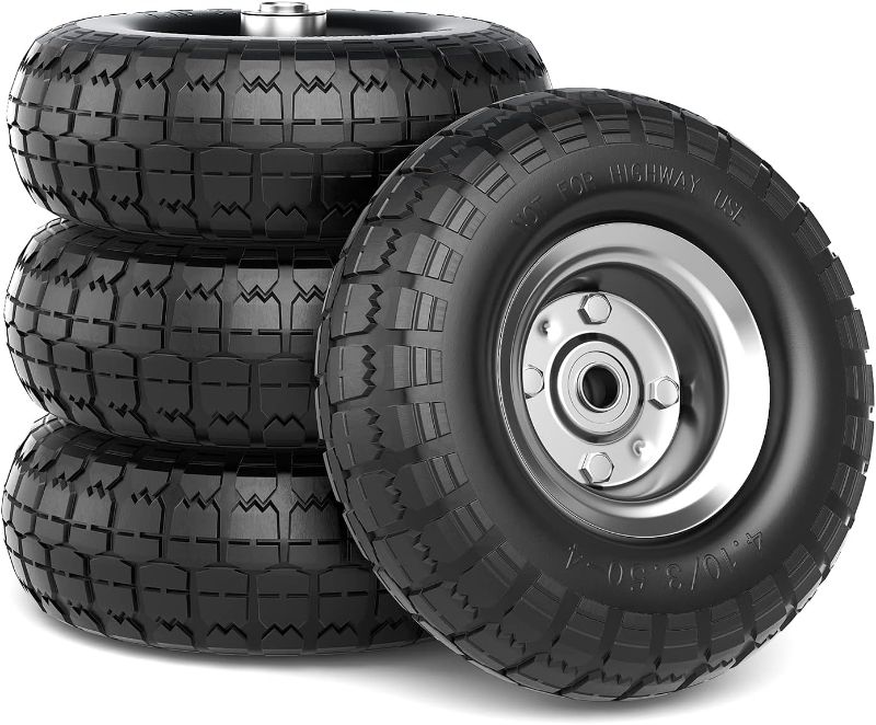 Photo 1 of 10" Flat Free Tires Solid Rubber Tyre Wheels?4.10/3.50-4 Air Less Tires Wheels with 5/8" Center Bearings?for Hand Truck/Trolley/Garden Utility Wagon Cart/Lawn Mower/Wheelbarrow/Generator?4 Pack, Black 12.4 Pounds Black