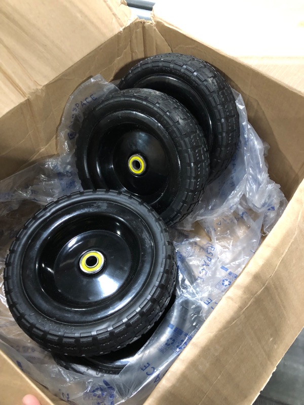 Photo 3 of 10" Flat Free Tires Solid Rubber Tyre Wheels?4.10/3.50-4 Air Less Tires Wheels with 5/8" Center Bearings?for Hand Truck/Trolley/Garden Utility Wagon Cart/Lawn Mower/Wheelbarrow/Generator?4 Pack, Black 12.4 Pounds Black