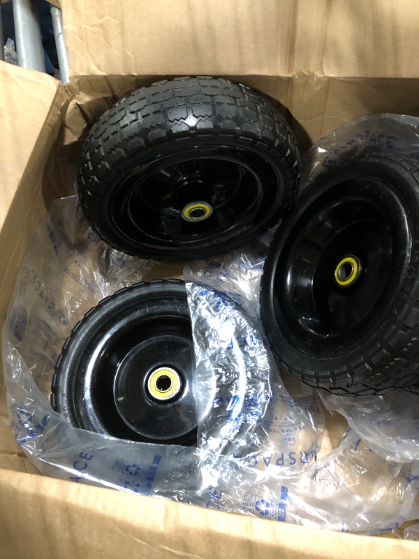 Photo 4 of 10" Flat Free Tires Solid Rubber Tyre Wheels?4.10/3.50-4 Air Less Tires Wheels with 5/8" Center Bearings?for Hand Truck/Trolley/Garden Utility Wagon Cart/Lawn Mower/Wheelbarrow/Generator?4 Pack, Black 12.4 Pounds Black