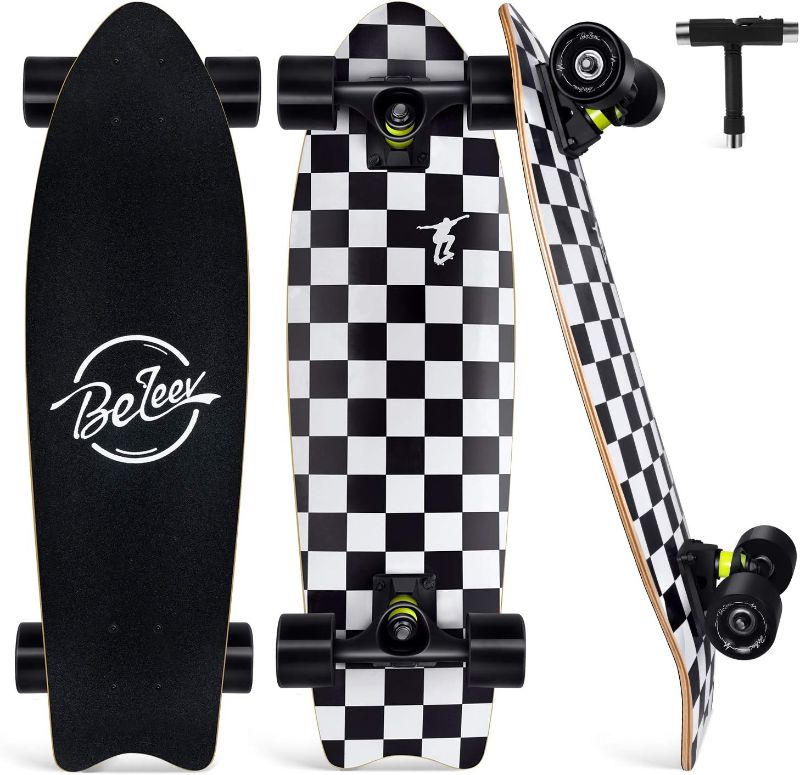 Photo 1 of BELEEV Cruiser Skateboards for Beginners, 27 Inch Complete Skateboard for Kids Teens Adults, 7 Layer Canadian Maple Double Kick Deck Concave Trick Skateboard with All-in-One Skate T-Tool Black