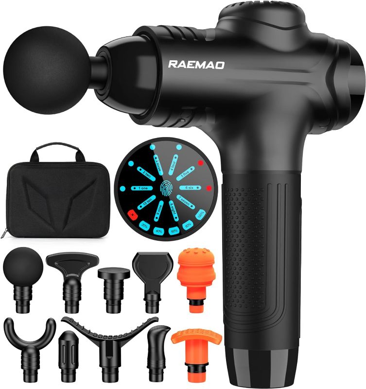 Photo 1 of RAEMAO Massage Gun Deep Tissue, Back Massage Gun for Athletes for Pain Relief Attaching 10 PCS Specialized Replacement Heads, Percussion Massager with 10 Speeds & LED Screen, Black
