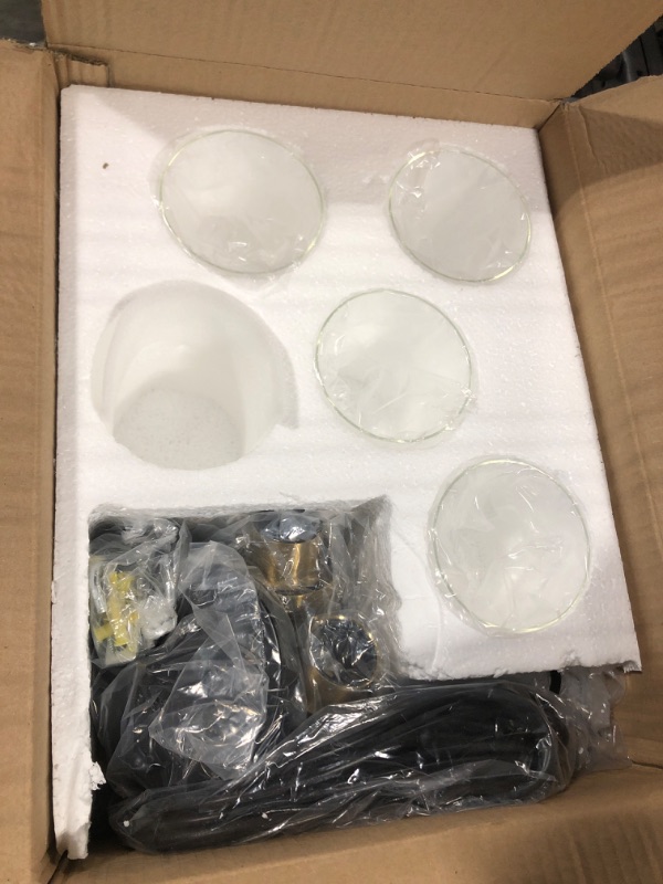 Photo 2 of ***MISSING 2 GLASS SHADES***DIMMABLE PRE-ASSEMBLED Farmhouse Plug in Chandelier with Clear Glass Shade, 5 Light Glass Chandelier for Dining Room Kitchen Island Light Fixture, Black and Gold Pendant Ceiling hanging Lighting