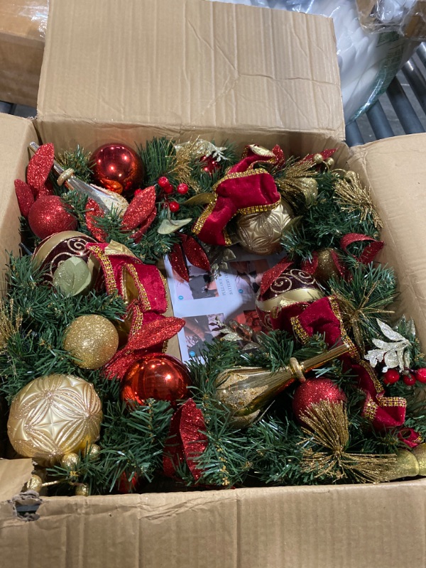 Photo 1 of Valery Madelyn Pre-Lit Christmas Wreath for Front Door with Lights, 24 Inch Large Lighted Christmas Wreath with Red Gold Xmas Ball for Fireplace Window Outdoor Table Centerpiece Holiday Decoration