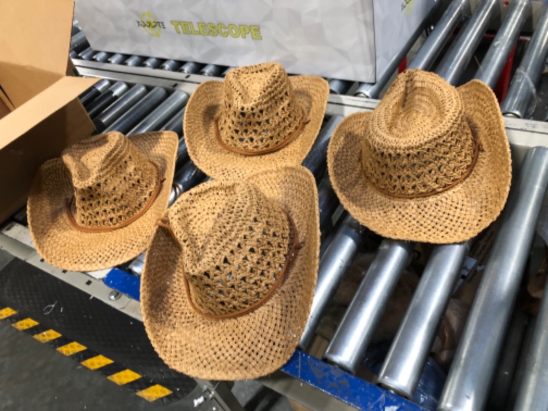 Photo 2 of 4 Pcs Cowgirl Hat Shapeable Wide Brim Classic Sun Woven Straw Hat Party Western Cowboy Hat for Adult Men Women Summer, Khaki