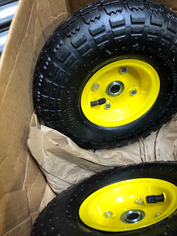 Photo 2 of (2 Pack) AR-PRO 4.10/3.50-4" All Purpose Utility Air Tires/ yellow Wheels with 10" Inner Tube, 5/8" Axle Bore Hole, 2.2" Offset Hub and Double Sealed Bearings for Hand Trucks and Gorilla Cart