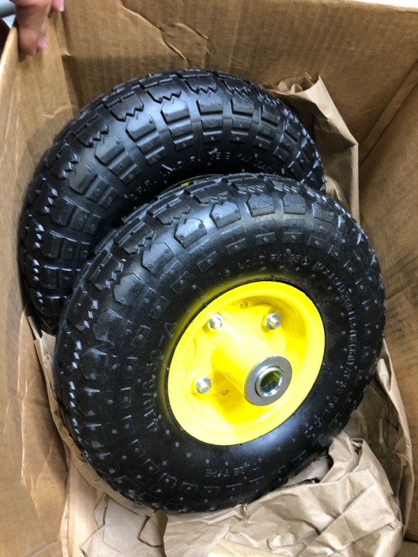 Photo 3 of (2 Pack) AR-PRO 4.10/3.50-4" All Purpose Utility Air Tires/ yellow Wheels with 10" Inner Tube, 5/8" Axle Bore Hole, 2.2" Offset Hub and Double Sealed Bearings for Hand Trucks and Gorilla Cart