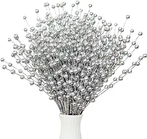 Photo 1 of 24PCS Glitter Berry Stems Christmas Tree Decorations, Christmas Picks Sprays Berry Branches Bead Sticks, Decorative Twigs Sprigs Xmas Ornaments for Vase Tree Home Wreath Gift DIY Party (Silver)
