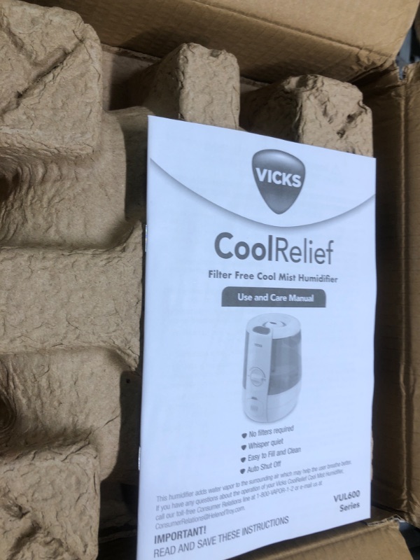 Photo 3 of Vicks Filter-Free CoolRelief Cool Mist Humidifier, Medium Room, 1.2 Gallon Tank – Visible, Medicated Ultrasonic Humidifier for Baby, Kids and Adults, Works With Vicks VapoPads and Vicks VapoSteam