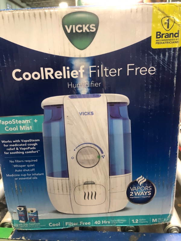 Photo 1 of Vicks Filter-Free CoolRelief Cool Mist Humidifier, Medium Room, 1.2 Gallon Tank – Visible, Medicated Ultrasonic Humidifier for Baby, Kids and Adults, Works With Vicks VapoPads and Vicks VapoSteam