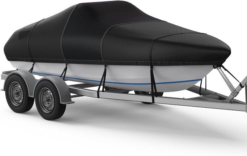 Photo 1 of RVMasking 1200D Middle Boat Cover with Storage Bag Fits Bass Boat, V-Hull, Runabout, Fish&Ski, Tri-Hull, Heavy Duty Marine Grade Boat Cover Length: 20’-22’, black