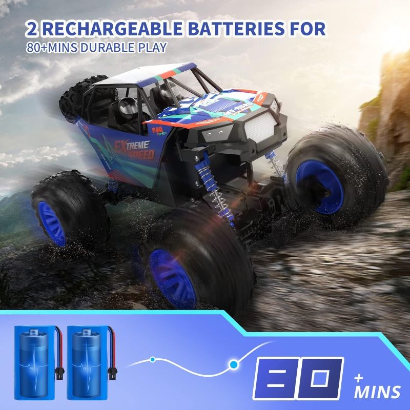 Photo 1 of DEERC DE60 Large 1:8 Scale Upgraded RC Cars Remote Control Car for Adults Boys,Off Road Monster Truck with Realistic Sound,2.4Ghz 4WD Rock Crawler Toy All Terrain Climbing,2 Batteries for 80 Min Play Classic Blue