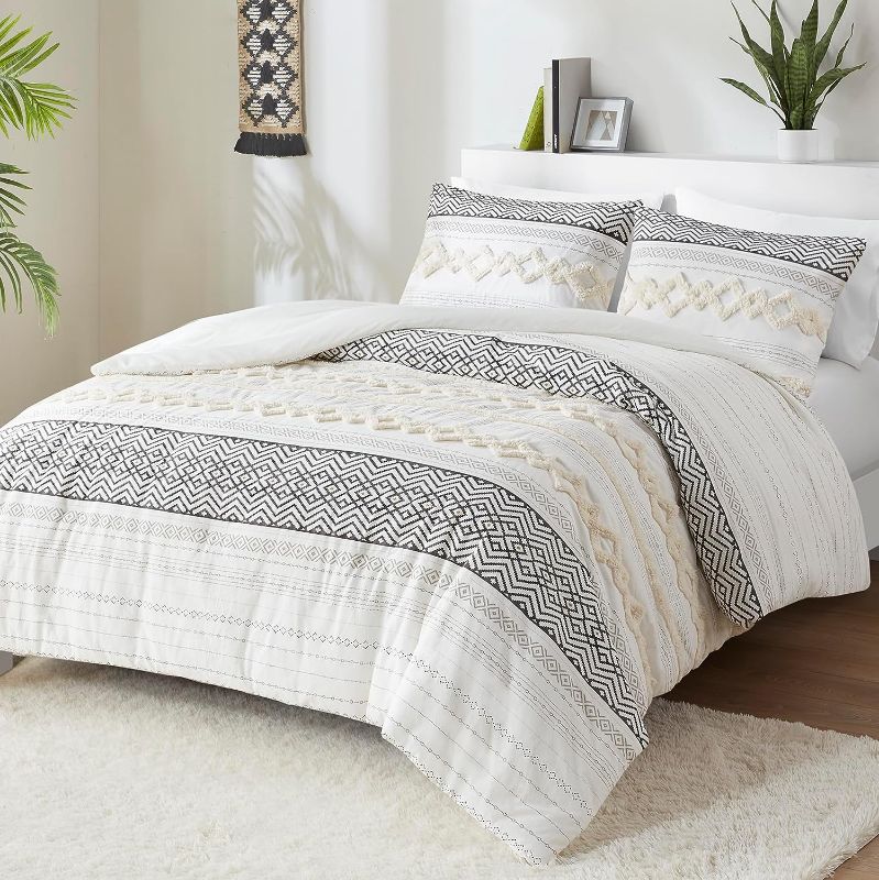 Photo 1 of  Farmhouse Bedding Comforter Sets King, Ivory Boho Bed Set,Cotton Top with Modern Neutral Style Clipped Jacquard Stripes, 3-Pieces Including Matching Pillow Shams (104x90 Inches)