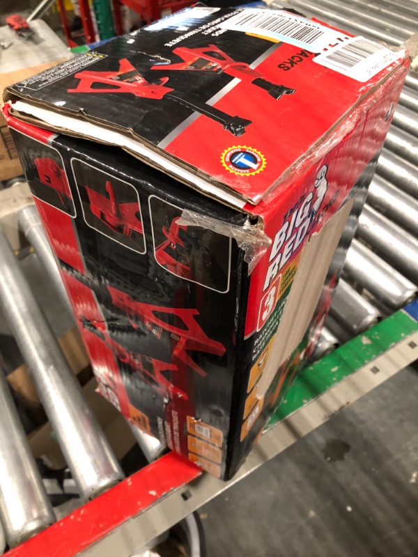 Photo 1 of BIG RED T43202 Torin Steel Jack Stands: 3 Ton (6,000 lb) Capacity, Red, 2 Count (Pack of 1) & MAXXHAUL 70472 Solid Rubber Heavy Duty Black Wheel Chock 2-Pack, 8" x 4" x 6" 2 count (pack of 1) Stands + Black Wheel Chock 2-Pack