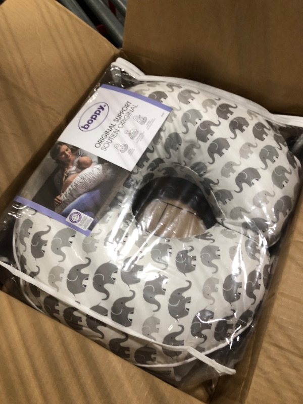 Photo 1 of Boppy Original Nursing Support, Gray Elephants Plaid, Ergonomic Breastfeeding, Bottle Feeding, and Bonding, with Removable Cover, Machine Washable, FKA Nursing Pillow