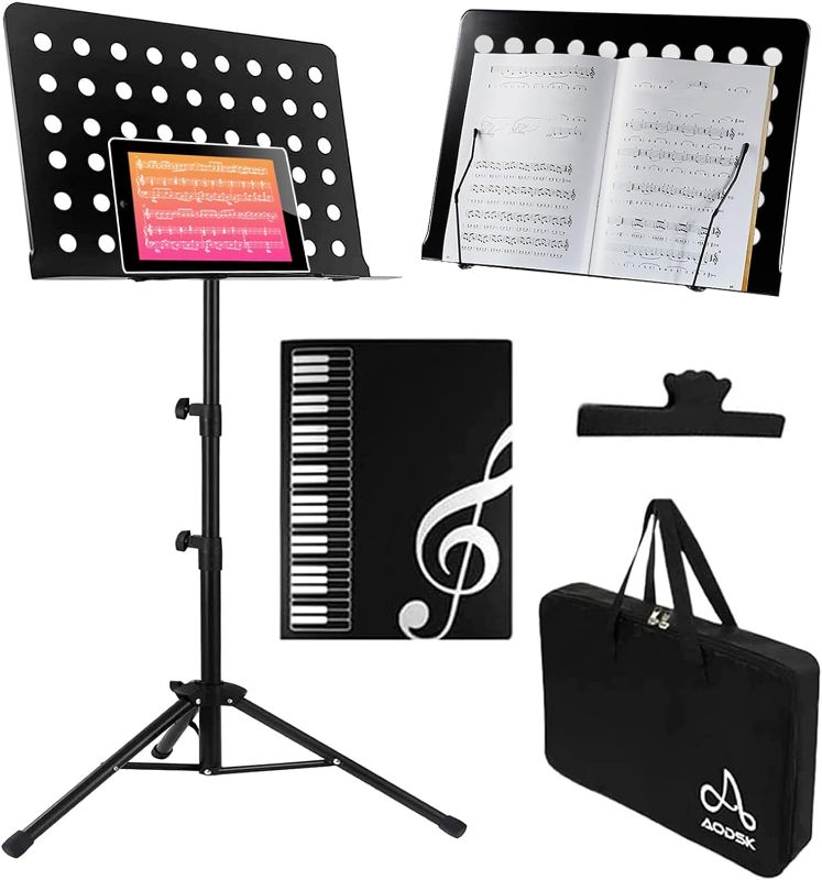 Photo 1 of AODSK Sheet Music Stand 2 in 1 Dual-Use Desktop Book Stand with Portable Carrying Bag,Sheet Music Folder & Clip Holder