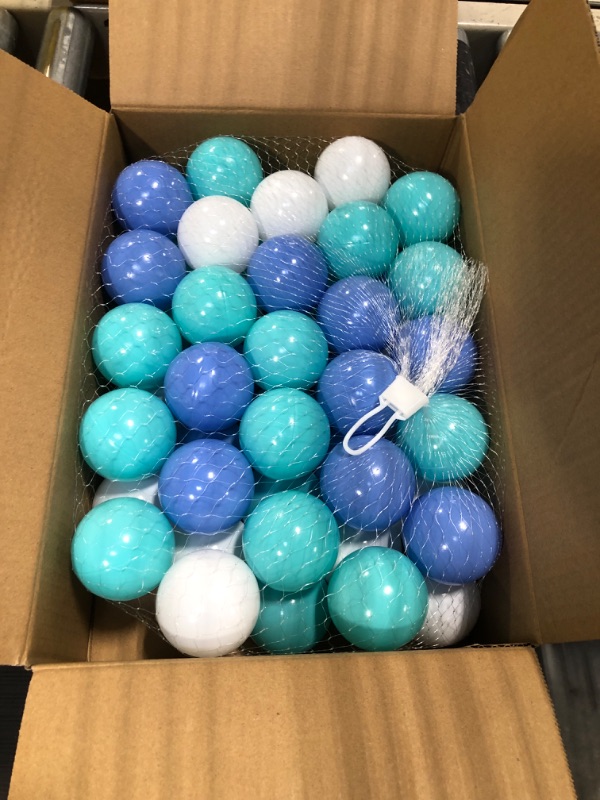 Photo 3 of Amuya Ball Pit Balls Pack of 50, BPA Free Plastic Ball Crush Proof Ocean Balls for Kids, 3 Kinds of Color Balls Include a Reusable Net Bag 50 balls Blue&green&white