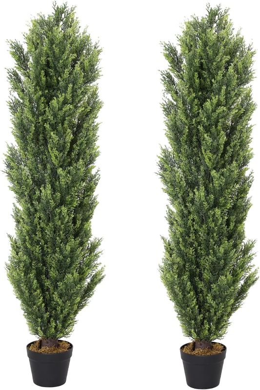Photo 1 of ***BASE IS DAMAGED ON ONE OF THEM***

THE BLOOM TIMES 5ft Topiary Trees Artificial Outdoors 2 Pack Fake Outdoor Plants Faux Cedar Pine Bushes and Shrubs Set of 2 for Front Porch 5 Foot