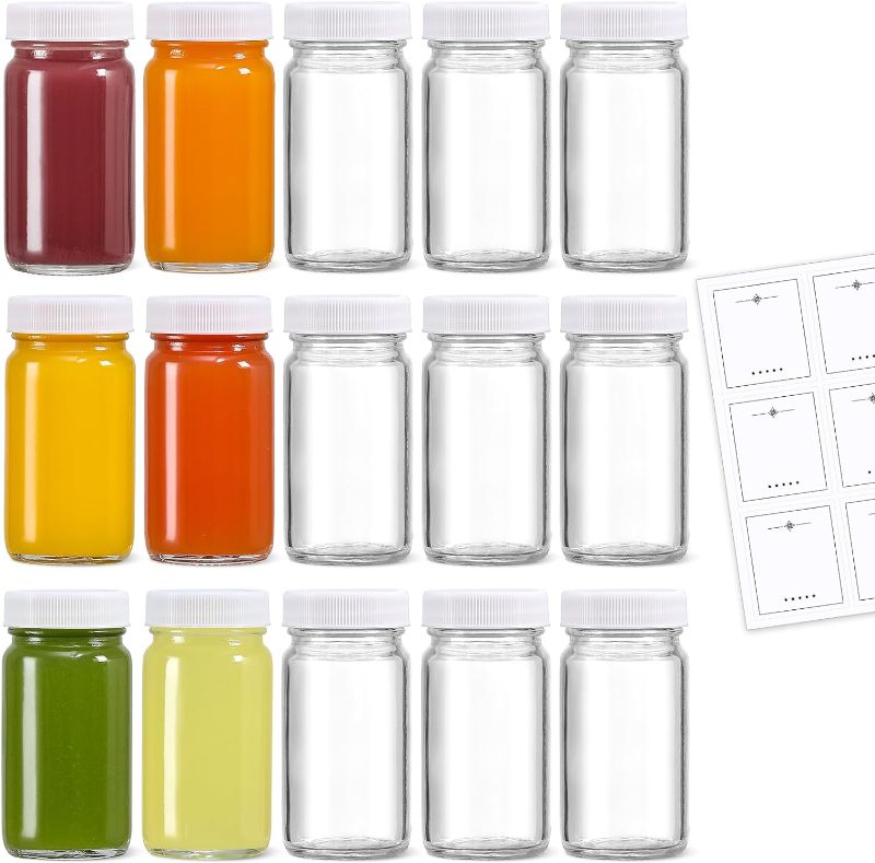 Photo 1 of 15 Pack 2 oz Glass Shot Bottles w/ White Lids & 15 Labels - Small Clear Jar for Ginger, Wellness Shot, Juice, Sample, Whiskey - Travel Mini Bottles - Wide Mouth, Leakproof, Dishwasher Safe
