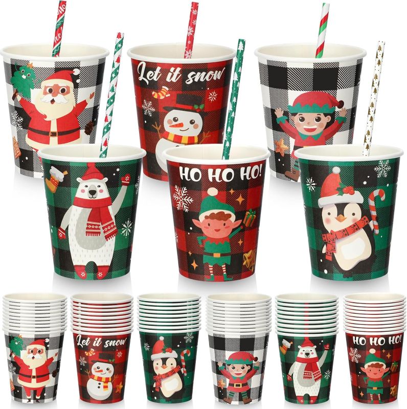 Photo 1 of 120 Pcs Christmas Disposable Paper Cup 9 oz Buffalo Plaid Paper Cup and 120 Pcs Christmas Stripe Straws Hot Coffee Tea Drinking Cups for Christmas Xmas Holiday Party Supplies Drinkware Decorations