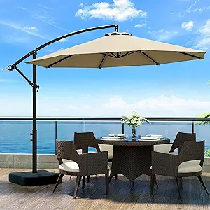 Photo 1 of 10ft Patio Umbrella with Base Included, Outdoor Offset Cantilever Umbrella w/Easy Tilt Adjustment, Thicken Polyester Shade, Sturdy 8 Rids for Pool, Market, Deck, Backyard, Lawn&Garden - Beige
