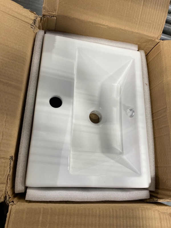 Photo 3 of DELAVIN 16"x12" in Modern Bathroom Vessel Sink, White Ceramic Bathroom Sink, Rectangle Above Countertop Bathroom Vessel Sink, Ceramic Rectangular Bathroom Vessel Sink With Faucet Hole 16"W x 12"D White