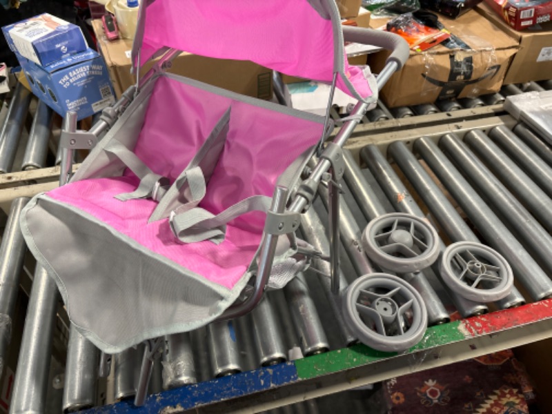 Photo 2 of Badger Basket Trek Double 3-Wheel Folding Twin Doll Jogging Stroller, Gray/Pink, 99002
*damaged box*