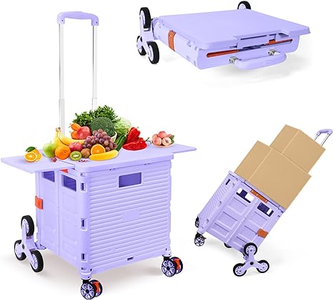 Photo 1 of Foldable Utility Cart with Stair Climbing Wheels,Collapsible Rolling Crate with Magnetic Lid Telescopic Cover,Telescoping Handle,360° Rotate Wheel Hand Cart for teacher Shopping Moving Grocery(Purple) Purple Pro