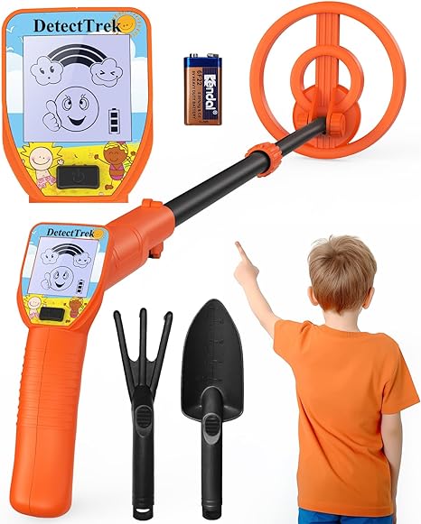 Photo 1 of DetectTrek Metal Detector for Kids (1 LB), 24"-34" Adjustable Kids Metal Detector Kit with 7”Search Coil, LCD Screen with Backlight, Great for Exploration Hiking, MD-1016, Orange
