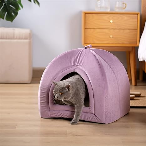 Photo 1 of KASENTEX Cat Bed for Indoor Cats, 2-in-1 Cat House Pet Supplies for Large Cat or Small Dog - Animal Cave, Cat Tent with Removable Washable Pillow Cushion, (Purple, 19x19x19)