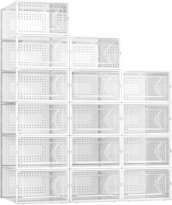 Photo 1 of Kuject 15 Pack Shoe Storage Boxes, Large Clear Plastic Stackable Shoe Organizer for Closet, Connect Left and Right Shoe Boxes Case Container Bin for Entryway, Drop Front, Fit for Size 10(White)