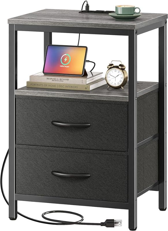 Photo 1 of **PARTS ONLY** Nightstand with Charging Station, Side Table with Fabric Drawers, End Table with Open Shelf, Bedside Table with USB Ports and Outlets, Night Stand for Bedroom, Charcoal Gray