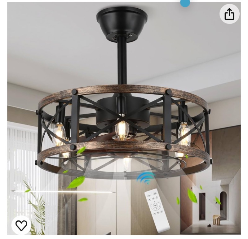 Photo 1 of 19" Farmhouse Caged Ceiling Fan with Light, 6 Speed, 6-Light, Fandelier Bladeless Ceiling Fans with Lights, Low Profile Enclosed Small Ceiling Fans for Farmhouse, Bedroom, Black
