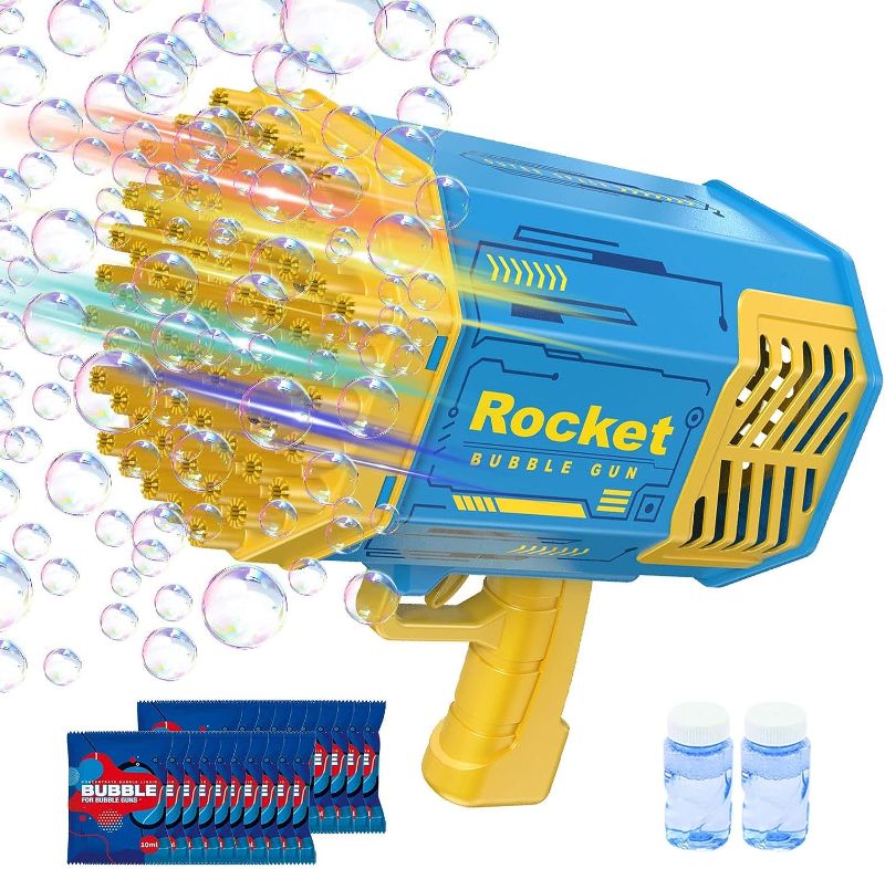 Photo 1 of Bubble Gun Bazooka Bubble Machine with Colorful Lights 69 Holes Bubbles Maker for Kids Outdoor Toys Adults Boys Girls Birthday Wedding Party Favors Summer Gifts(Blue)
