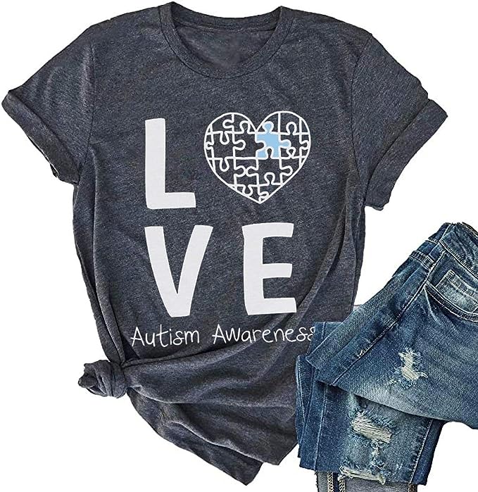 Photo 1 of Qbily Womens Love Autism Awareness Shirts Short Sleeve Round Neck Autistic Support Graphic Tees Tops
