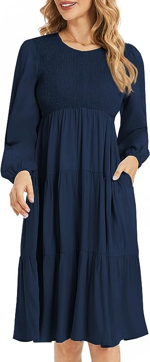 Photo 1 of Ailsi Womens Long Sleeve Casual Fall Smocked Flowy Crewneck Ruffle Midi Dress with Pockets
