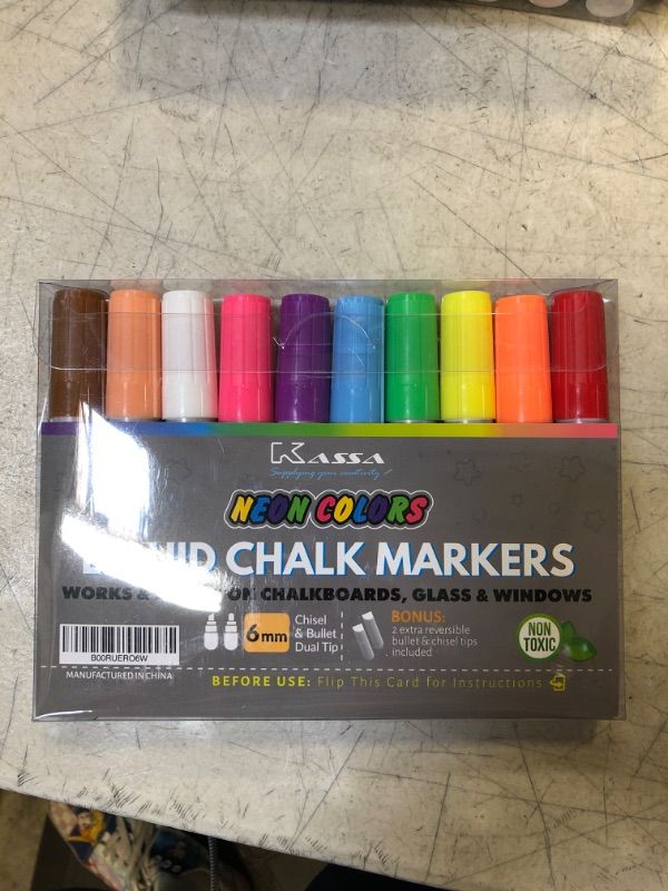 Photo 1 of Kassa Chisel and Bullet Dual Tip Marking Pen, 10-Pack Erasable Neon Multicolor Liquid Chalk Markers, for Chalkboard, Windows, Glass or Mirrors, Non-Toxic Washable Markers with Reversible Dual Tip