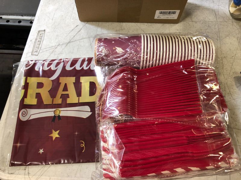 Photo 2 of 193 Pcs Graduation Party Supplies Set Grad Decoration Congrats Class of 2023 Graduation Tablecloth and Cups Plates Napkins Silverware for Event Celebration Party Supply, Serves 24 (Maroon and Gold)