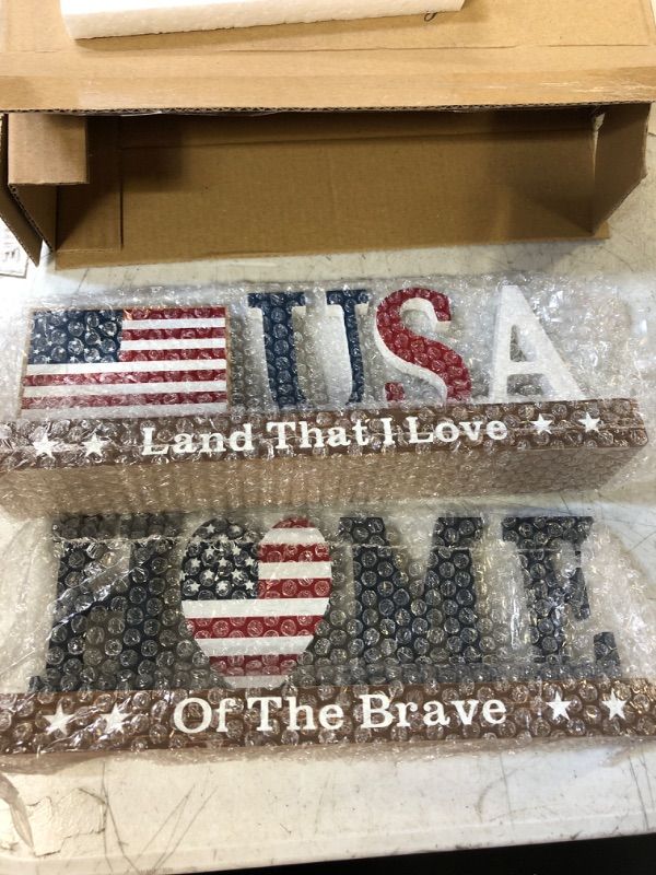Photo 2 of 4th of July Patriotic Table Decor 2 Pieces Wood US Flag Rustic Farmhouse Sign 4th of July Decorations for Home Red White and Blue Decorations Independence Day Labor Day Table Centerpieces Red White and Blue Home&USA