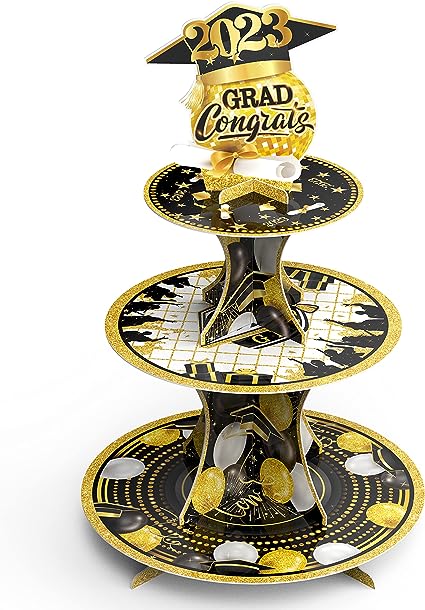 Photo 1 of 2023 Graduation Cupcake Stand Decorations Class of 2023 Black and Gold 3 Tier Graduation Party Cupcake Holder Congrats Grad Party Dessert Tower Stand for Graduation Party Supplies Favors
