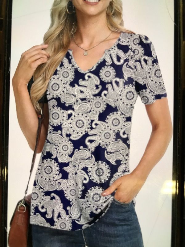 Photo 1 of BISHUIGE WOMENS SUMME SHORT SLEEVE TUNIC TOP V-NECK  SUNFLOWER NAVY/WHITE