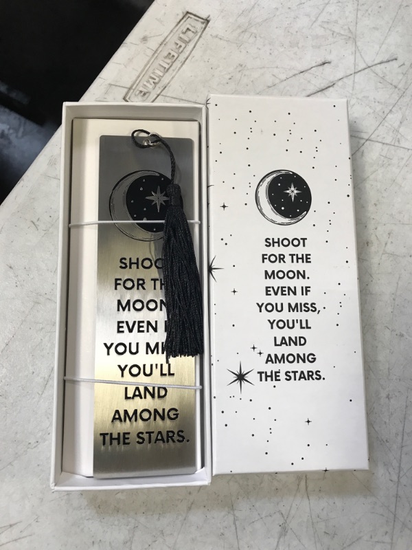 Photo 2 of Shoot for The Moon. Even if You Miss You'll Land Among The Stars. Inspirational Metal Bookmark for Mothers Day, Fathers Day, Kids, Women, Friends, Men, Girls, Boys, and Graduation Teacher Gifts