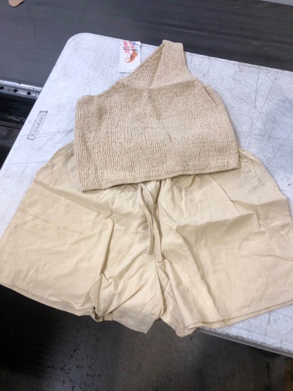Photo 1 of 2 PCS WOME SOUTFIT ONE SHOULDER CROP TOP + SHORTS BEIGE SMALL 