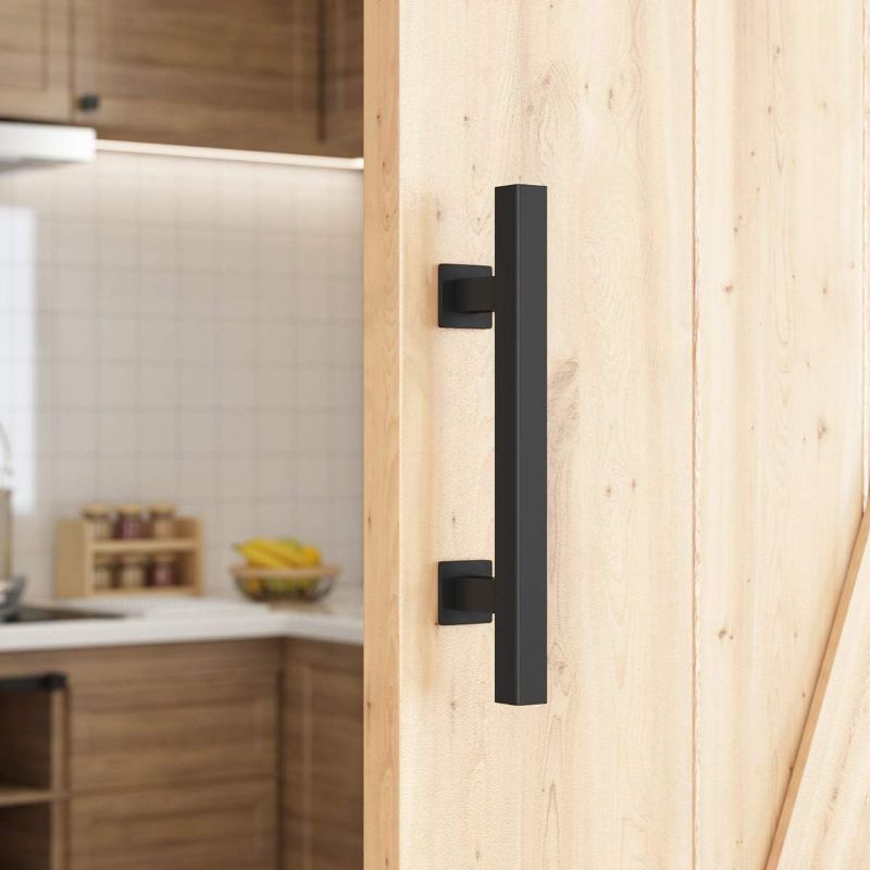 Photo 1 of 10 in. Black Square Pull and Flush Sliding Barn Door Handle Set
