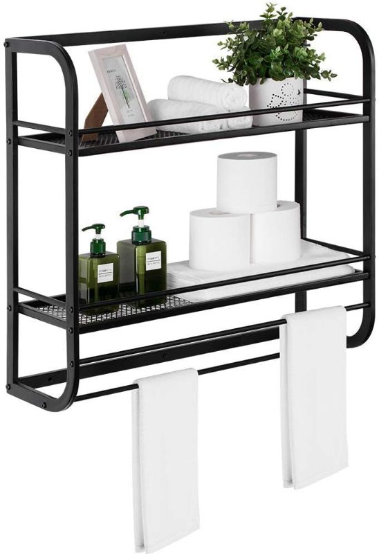 Photo 1 of 2 Tier Industrial Bathroom Shelves Wall Mounted, Large Towel Racks Storage Shelf, 24 " Metal Rustic Wall Shelves Over Toilet with Towel Bar and 10 Hooks Rack, Utility Storage Shelf Rack,Retro Black
