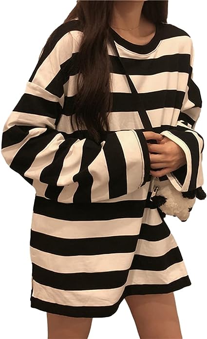 Photo 1 of BZB Women's Harajuku Bf Stripe Oversize Long Sleeves T Shirts Casual Color Block Preppy Vintage Tee Shirt Tunic Tops medium