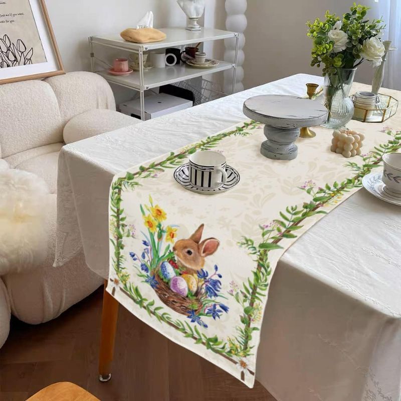 Photo 1 of  Easter Cute Rabbit Green Leaves Table Runner Burlap Wild Flowers Bunny Eggs Table Runners Spring Summer Seasonal Kitchen Dining Table Center Decor for Home Party Indoor Outdoor 13x108 Inch