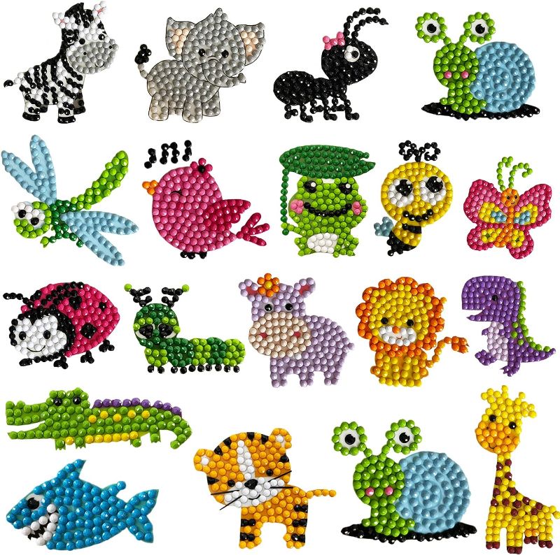 Photo 1 of 5D Diamond Painting Stickers Kits for Kids Arts and Crafts, Cartoon Stickers Stick Paint with Diamonds by Numbers, 18Pcs Cute Insect, Animals, Easy to DIY  2 packs