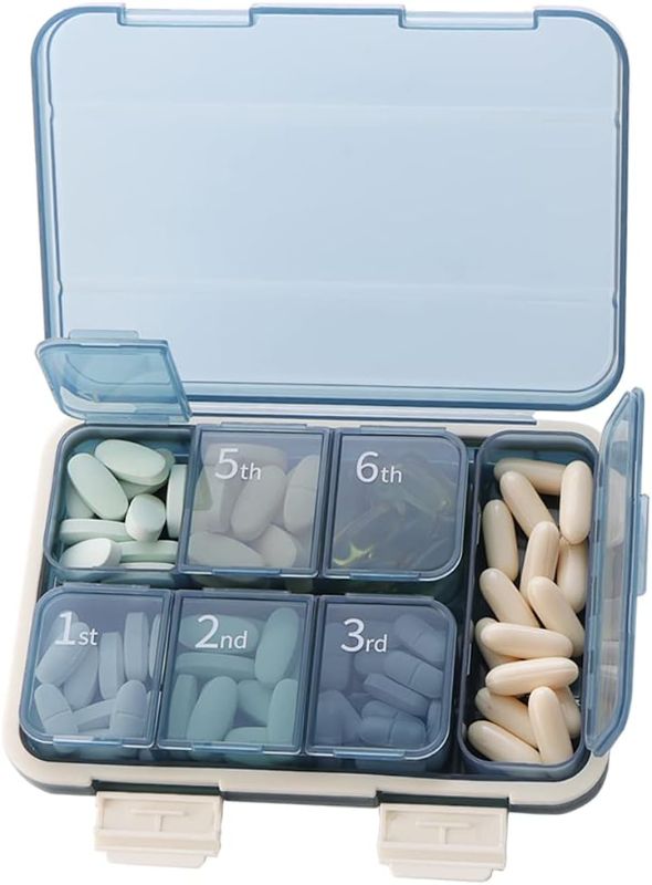 Photo 1 of  Pill Box Organizer 7 Day, Portable XL Vitamin Organizer with Extra Large Compartments, Daily Pill Case Holder for Medicine, Fish Oil or Supplements (Blue)  packaging may vary